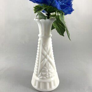 Vintage Anchor Hocking Stars And Bars White Milk Glass Bud Vase